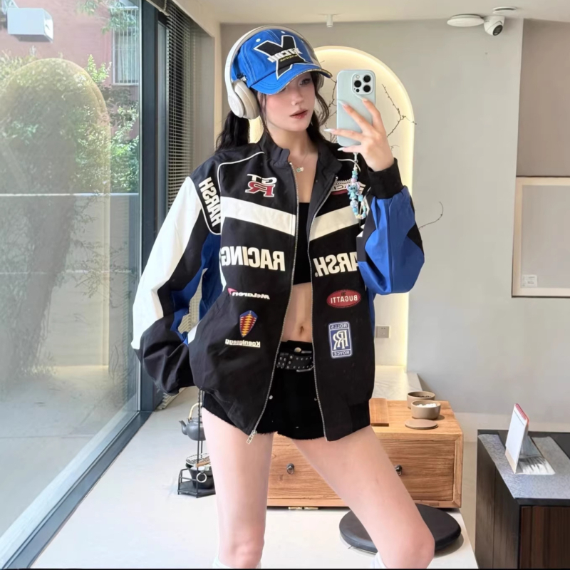Unisex jakna za motocikl s američkim dizajnom, proljeće-jesen, trkački stil, dvostruki sloj baseball jakne sa stojećim ovratnikom, poliester