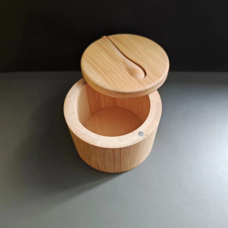 Recipient rotund din bambus pentru sare și condimente