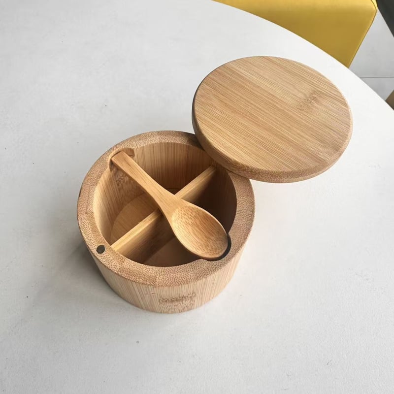 Recipient rotund din bambus pentru sare și condimente