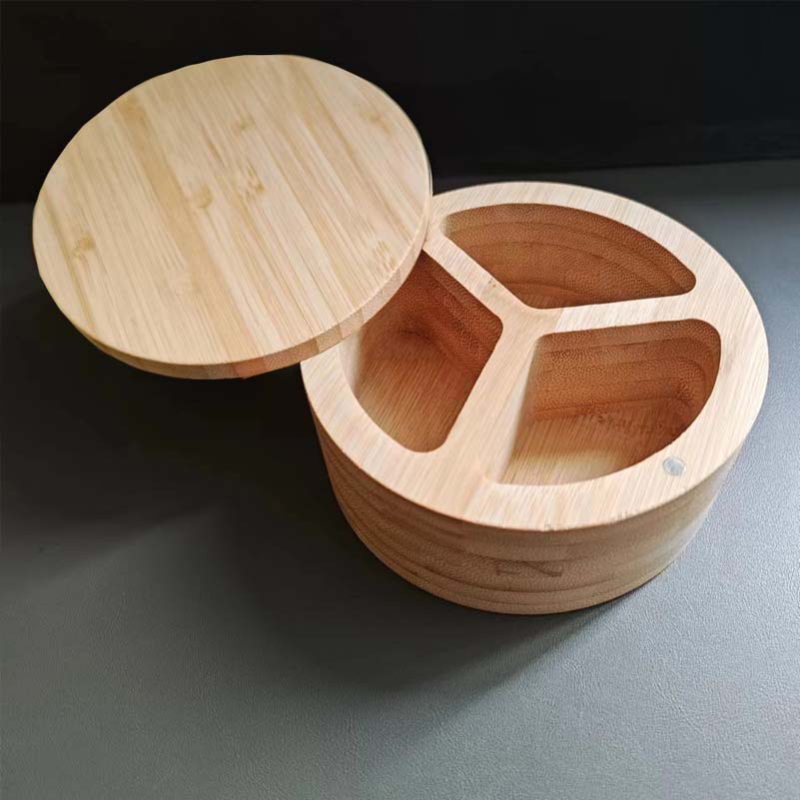 Recipient rotund din bambus pentru sare și condimente