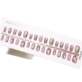 T516# Lila ezüst csillagok, ultra rövid létra-szerű macskaszem műköröm tippek, ezüstös fémes felület, 30 darab