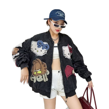 Női denim-pamut kabát súlyos hímzéssel és anime mintával, laza szabás, mindennapi utcai stílus, baseball-stílusú dzseki