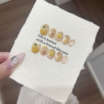 Édes Pineapple Pie rövid viselhető műkörmök, kézzel készített, magas minőségű macskaszem nyári körmök mindennapi viselethez