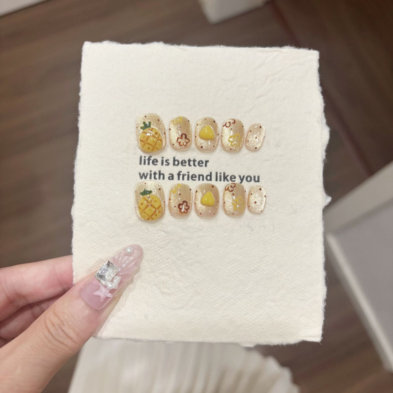Édes Pineapple Pie rövid viselhető műkörmök, kézzel készített, magas minőségű macskaszem nyári körmök mindennapi viselethez