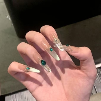 Kézzel készített körömdíszítő matricák, nyári cat-eye effekt, smaragdzöld drágakő, retro elegancia, prémium minőségű fehérítő hatás