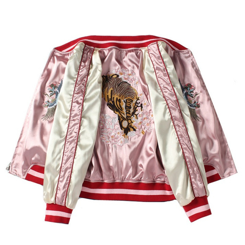 Izšivana jakna Yokosuka Tiger Fuji, japanski vintage Harajuku stil, široki kroj, ženska obostrana baseball jakna