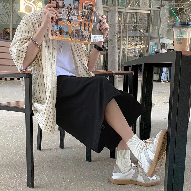 Pantaloni pentru bărbați cu croială largă, cropped, Ice Silk, stil japonez, vară, casual