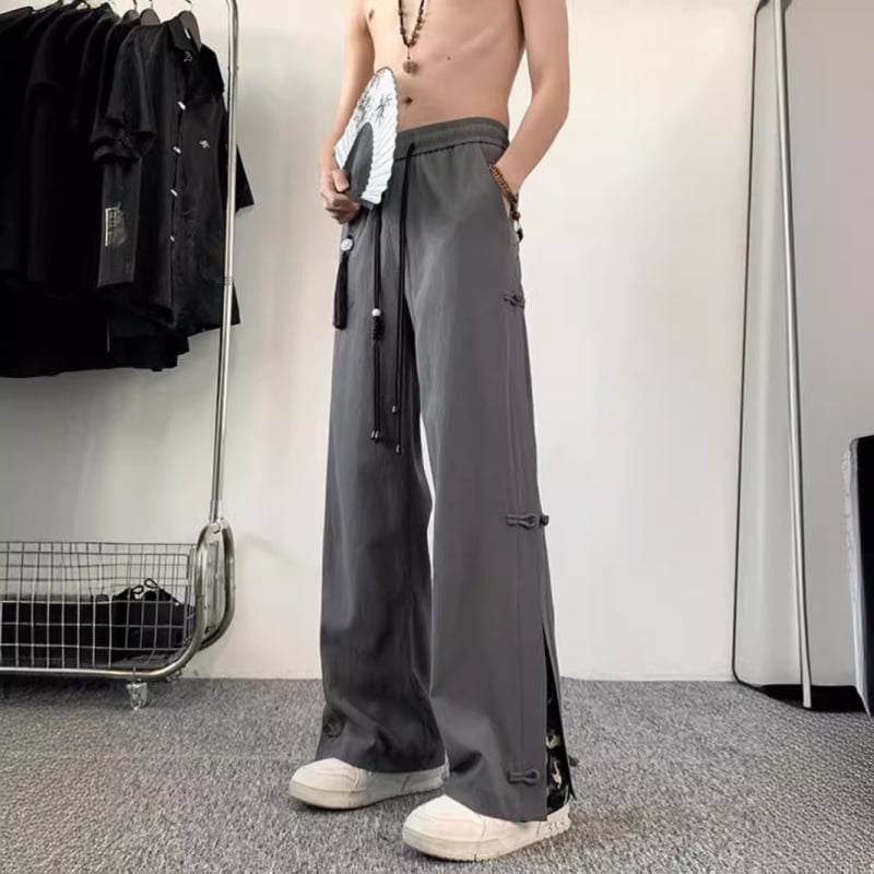 Pantaloni bărbați brodați de vară, ușori, croială dreaptă, cu curea, stil casual