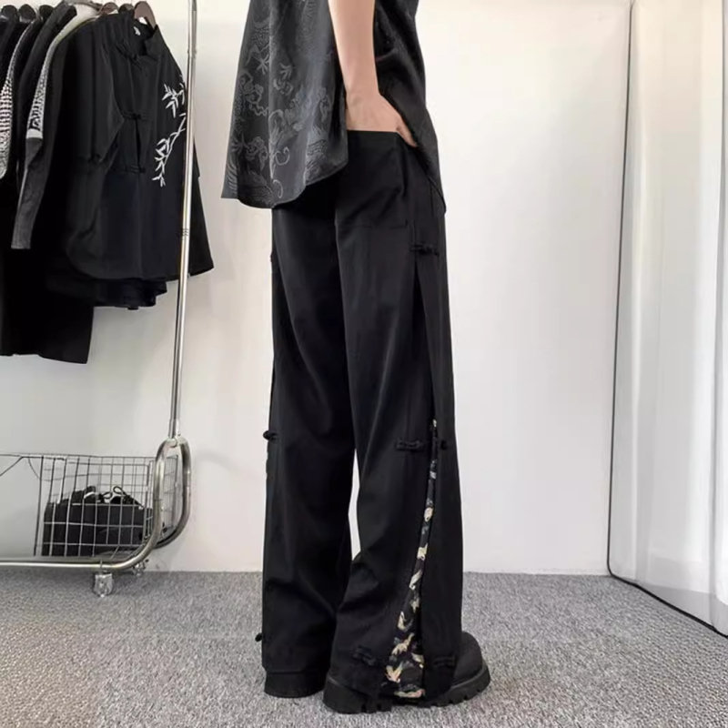 Pantaloni bărbați brodați de vară, ușori, croială dreaptă, cu curea, stil casual
