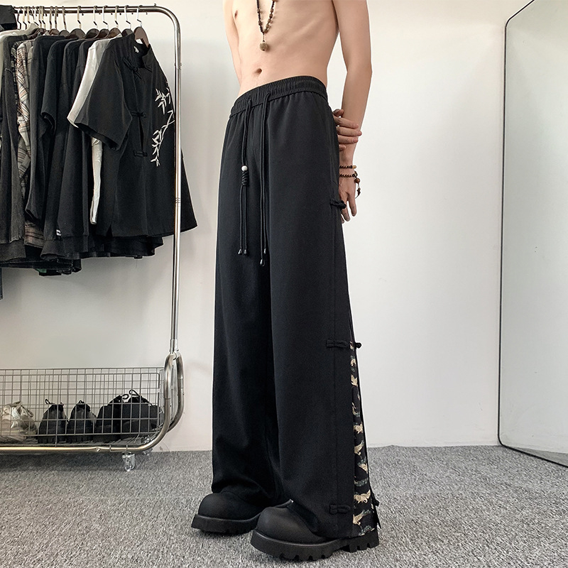 Pantaloni bărbați brodați de vară, ușori, croială dreaptă, cu curea, stil casual