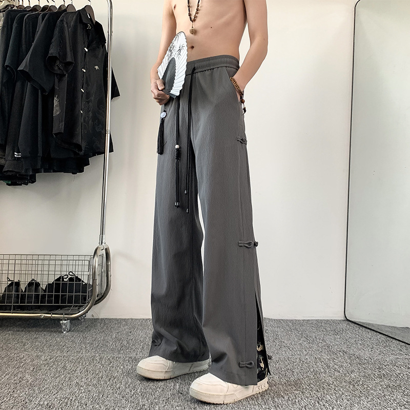 Pantaloni bărbați brodați de vară, ușori, croială dreaptă, cu curea, stil casual