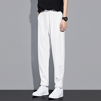 Pantaloni bărbați de vară din ice silk, croială drapată, stil coreean, largi, albi casual