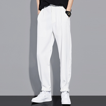 Pantaloni bărbați de vară din ice silk, croială drapată, stil coreean, largi, albi casual