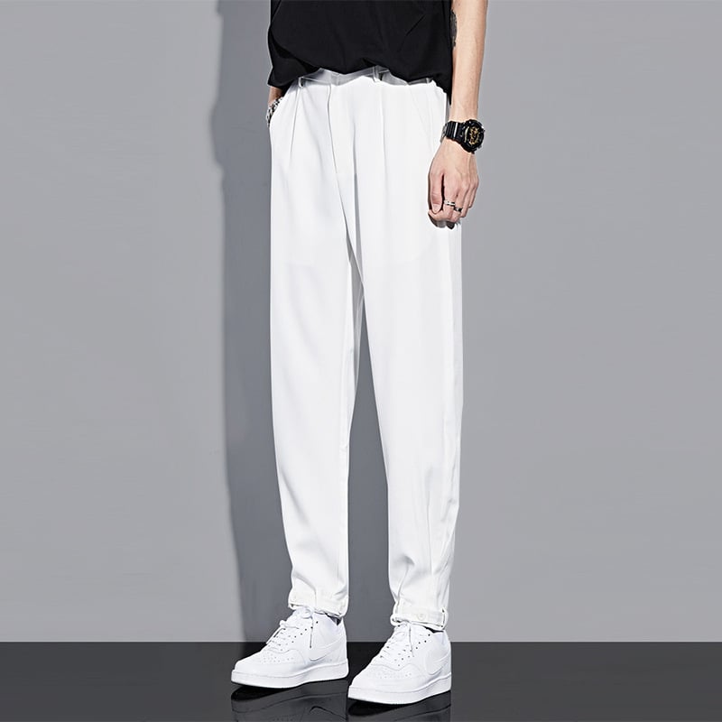 Pantaloni bărbați de vară din ice silk, croială drapată, stil coreean, largi, albi casual