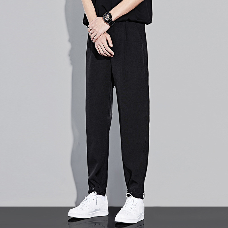 Pantaloni bărbați de vară din ice silk, croială drapată, stil coreean, largi, albi casual