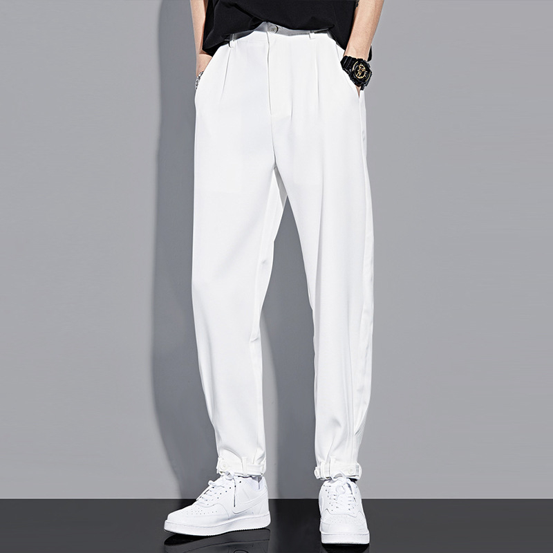 Pantaloni bărbați de vară din ice silk, croială drapată, stil coreean, largi, albi casual