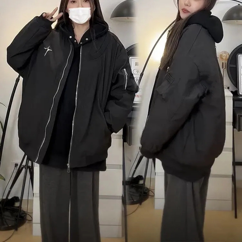 Ženska bomber jakna s pamučnim punjenjem, kratka, dugi rukavi, baseball ovratnik, gradski zimski stil