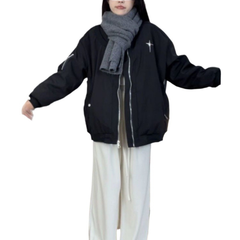 Ženska bomber jakna s pamučnim punjenjem, kratka, dugi rukavi, baseball ovratnik, gradski zimski stil