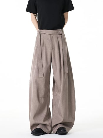 Pantaloni bărbați în stil Kendō, cu două centuri, plisate și drapate, lungi, drepti, ușor evazați