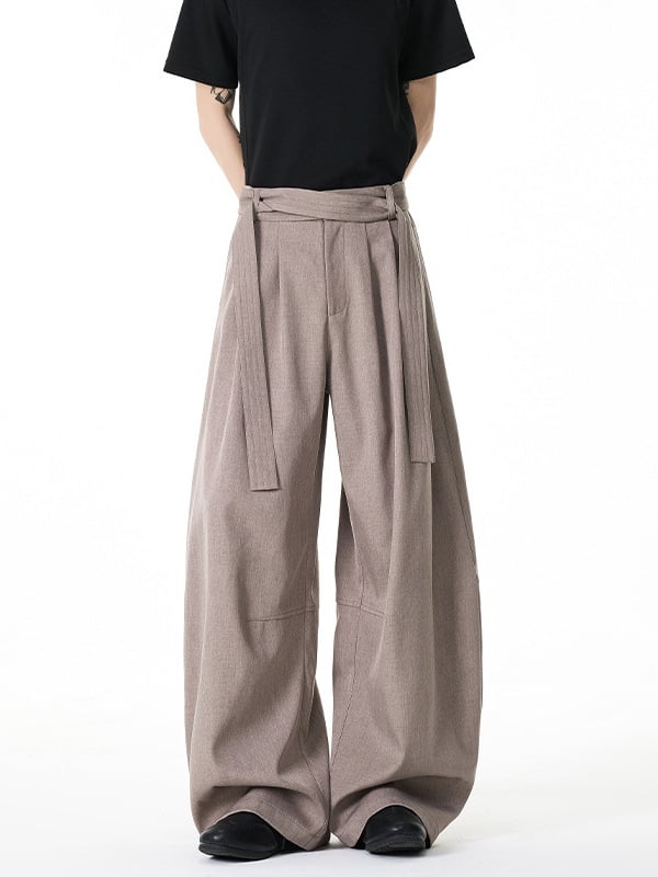 Pantaloni bărbați în stil Kendō, cu două centuri, plisate și drapate, lungi, drepti, ușor evazați