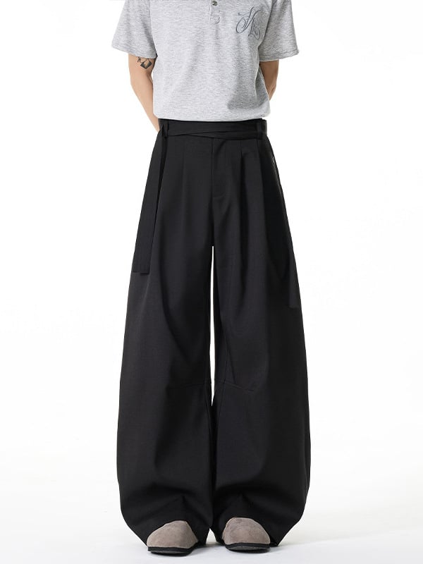 Pantaloni bărbați în stil Kendō, cu două centuri, plisate și drapate, lungi, drepti, ușor evazați