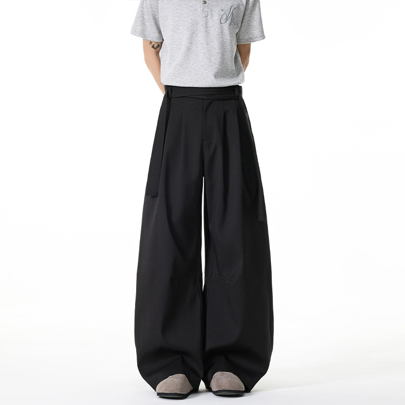 Pantaloni bărbați în stil Kendō, cu două centuri, plisate și drapate, lungi, drepti, ușor evazați