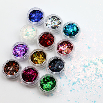Lézeres körömdíszítő glitter, vegyes méretek és szabálytalan formák, 12 szín DIY sminkhez és manikűrhöz