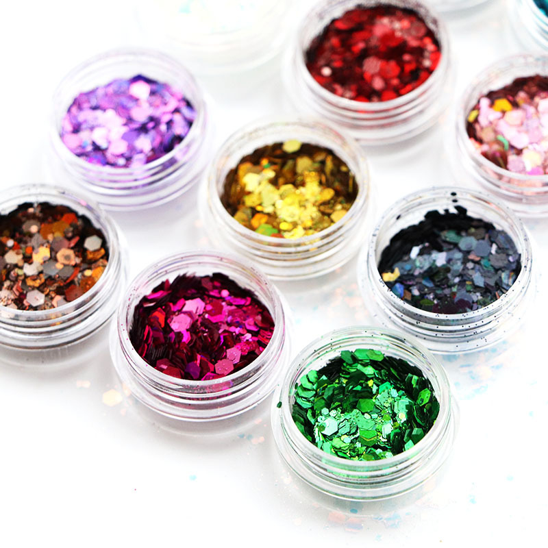 Lézeres körömdíszítő glitter, vegyes méretek és szabálytalan formák, 12 szín DIY sminkhez és manikűrhöz