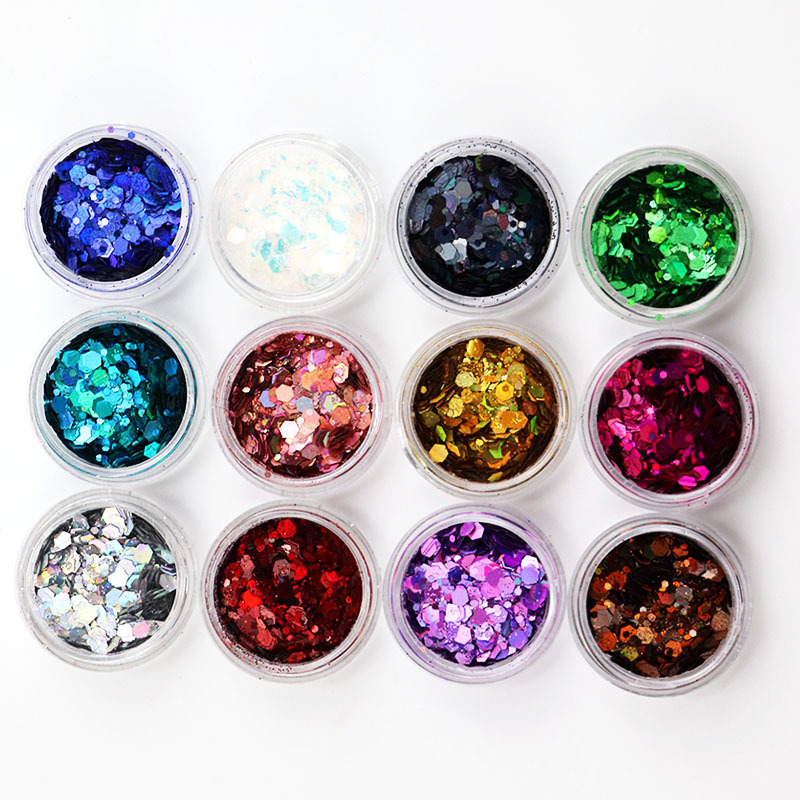 Lézeres körömdíszítő glitter, vegyes méretek és szabálytalan formák, 12 szín DIY sminkhez és manikűrhöz