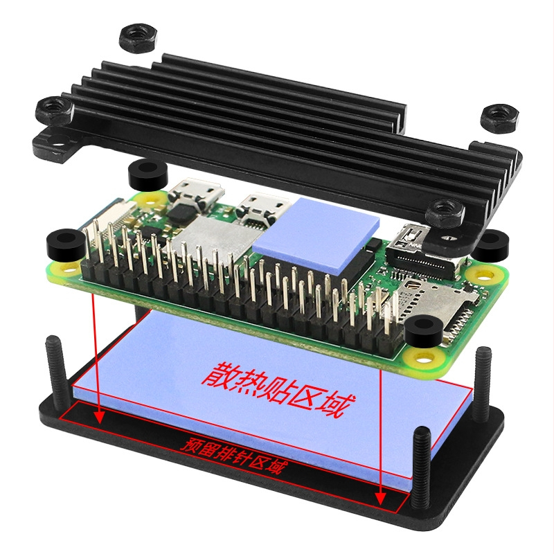 Hlinírový ochranný kryt pre Raspberry Pi Zero 2W s GPIO pinmi a skrutkovačom