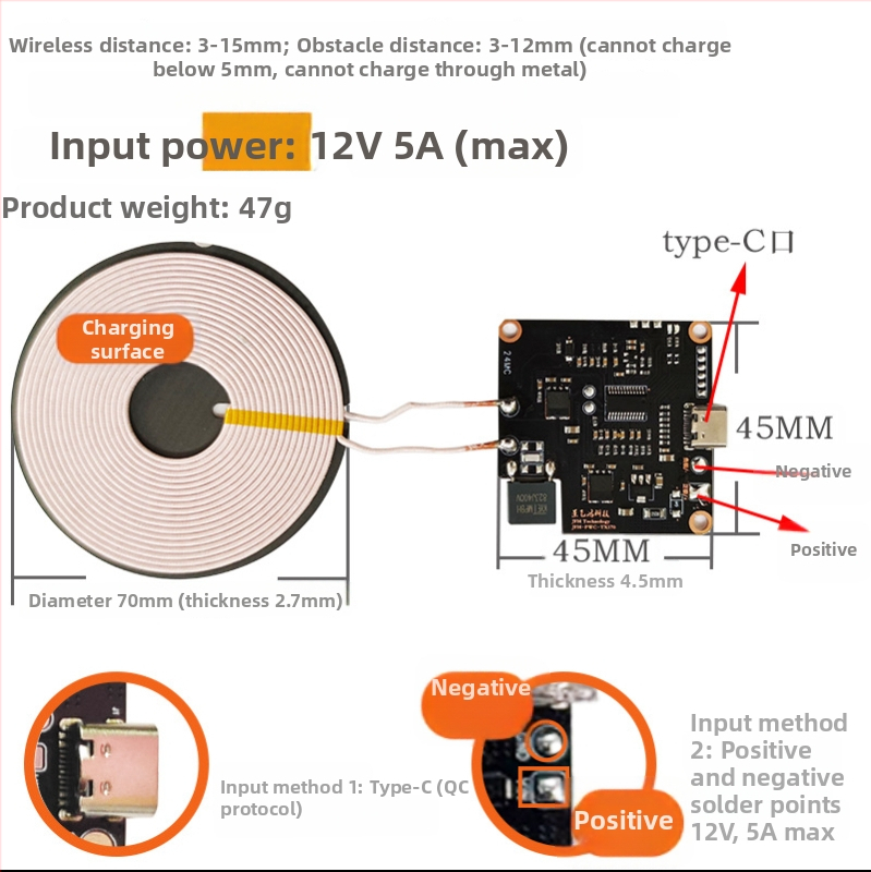 Modul bezdrôtového nabíjania s 15W a 15 mm vzduchovou medzerou pre mobilné telefóny, PCBA s veľkou cievkou