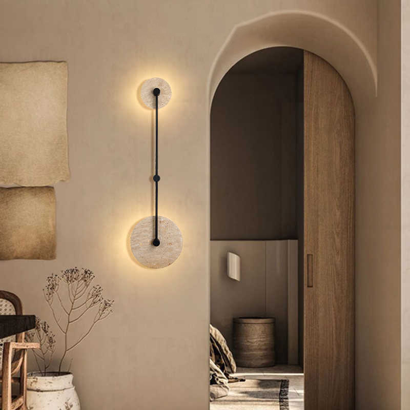 Žuta travertinska zidna lampa u japanskom stilu – retro luksuz, minimalistički dizajn, pogodna za spavaću sobu, hodnik, dnevni boravak i blagovaonu