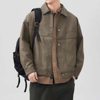 Geacă de piele PU pentru bărbați – aspect retro uzat, croială lejeră, stil casual motocicletă, culoare uni