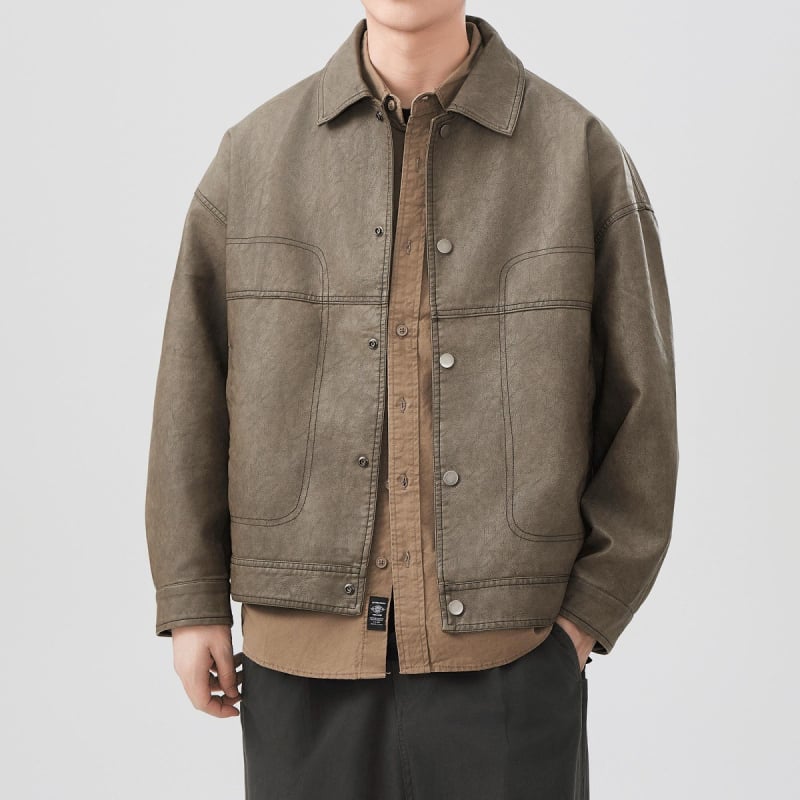 Geacă de piele PU pentru bărbați – aspect retro uzat, croială lejeră, stil casual motocicletă, culoare uni