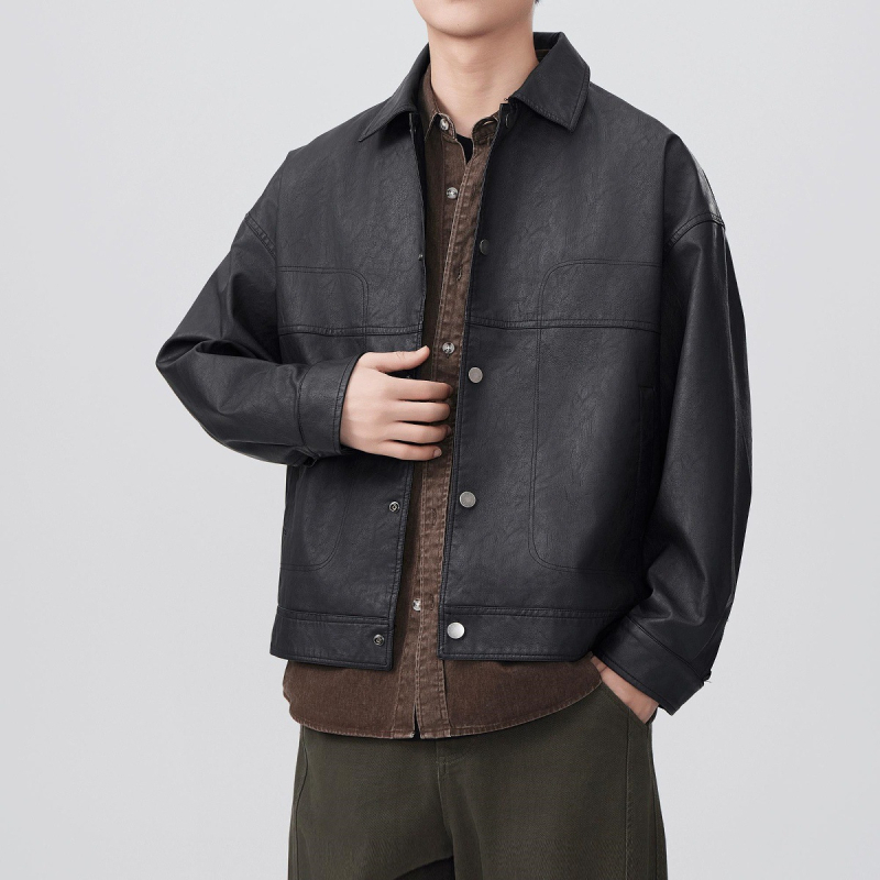 Geacă de piele PU pentru bărbați – aspect retro uzat, croială lejeră, stil casual motocicletă, culoare uni