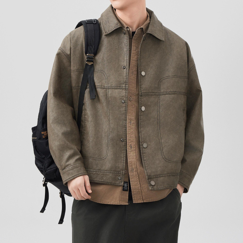 Geacă de piele PU pentru bărbați – aspect retro uzat, croială lejeră, stil casual motocicletă, culoare uni