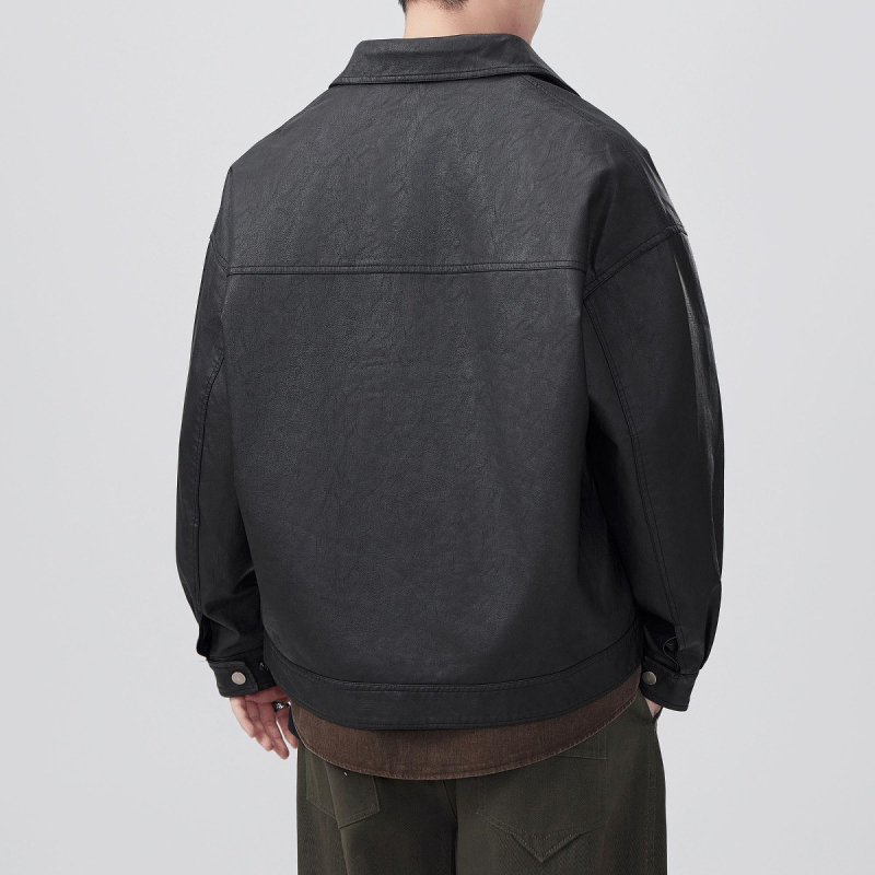 Geacă de piele PU pentru bărbați – aspect retro uzat, croială lejeră, stil casual motocicletă, culoare uni