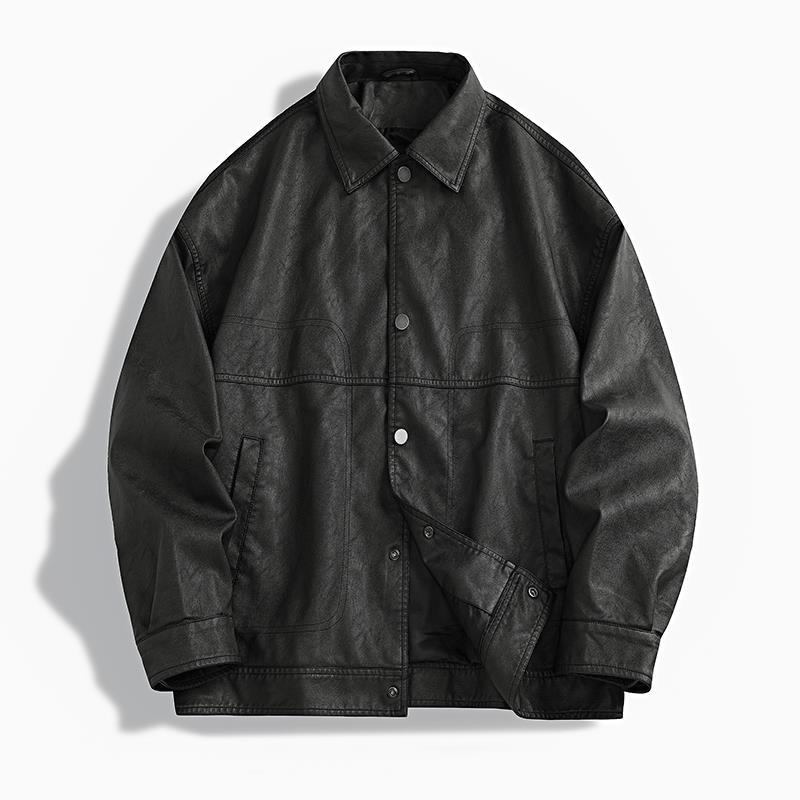 Geacă de piele PU pentru bărbați – aspect retro uzat, croială lejeră, stil casual motocicletă, culoare uni
