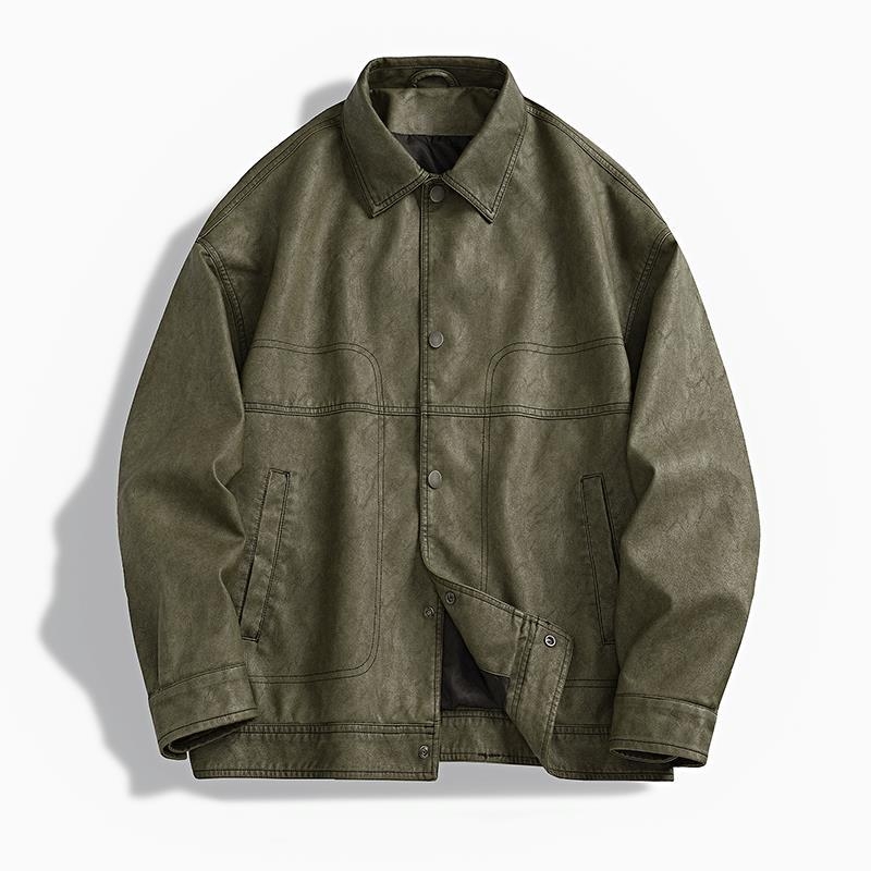 Geacă de piele PU pentru bărbați – aspect retro uzat, croială lejeră, stil casual motocicletă, culoare uni