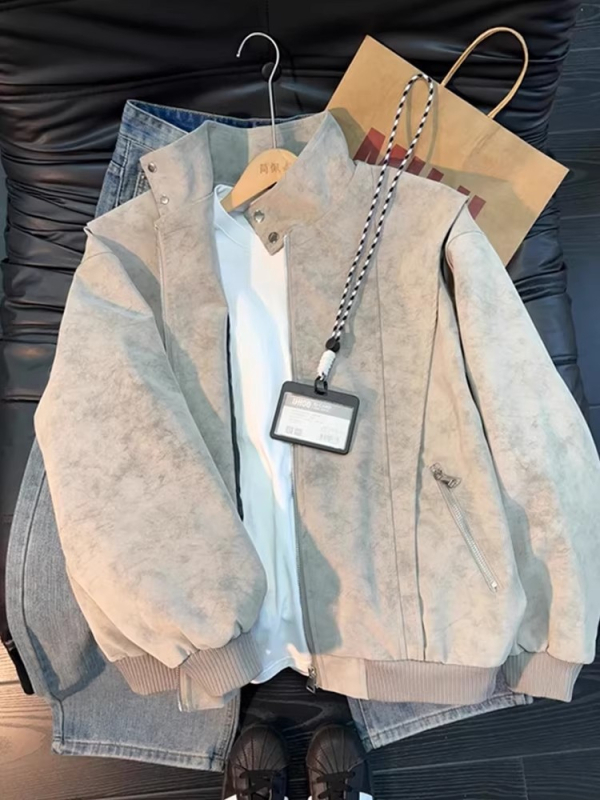 Amerikai stílusú tie-dye PU bőrdzseki férfiaknak, őszi-téli divat, 2026-os új modell, álló gallér, bik­er dzseki