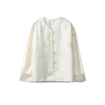 Ženski top od svile Mulberry, Jacquard, okrugli izrez, dugi rukavi, dizajn kineskog stila, proljeće 2026