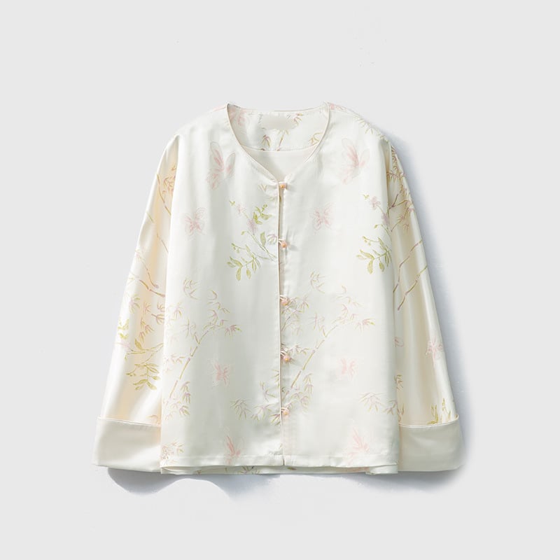 Ženski top od svile Mulberry, Jacquard, okrugli izrez, dugi rukavi, dizajn kineskog stila, proljeće 2026