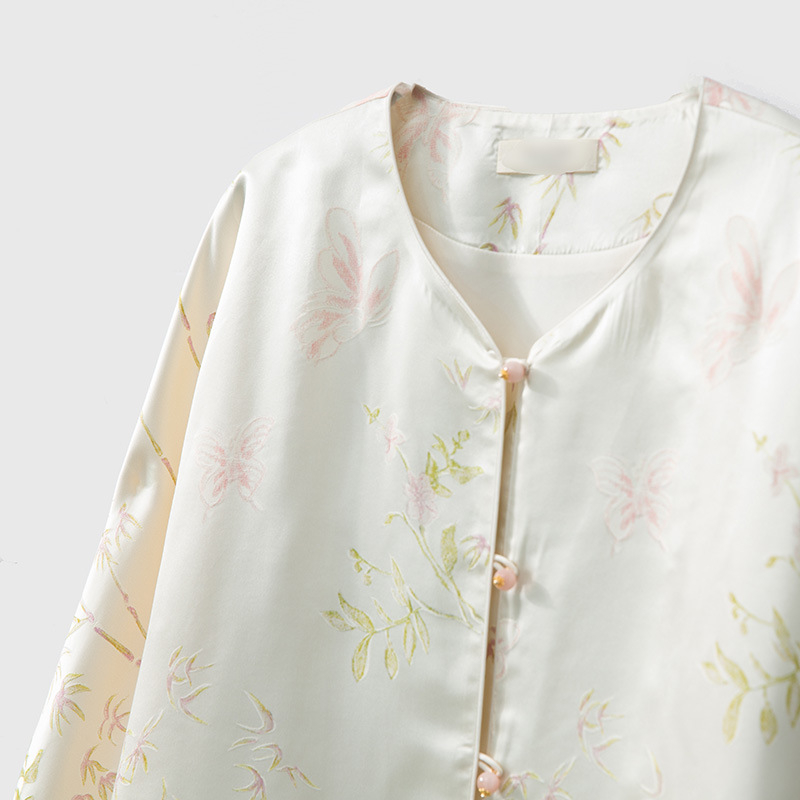 Ženski top od svile Mulberry, Jacquard, okrugli izrez, dugi rukavi, dizajn kineskog stila, proljeće 2026