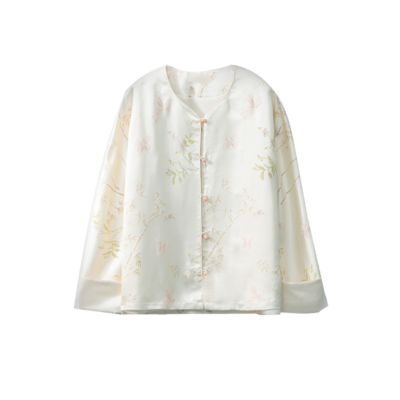 Ženski top od svile Mulberry, Jacquard, okrugli izrez, dugi rukavi, dizajn kineskog stila, proljeće 2026