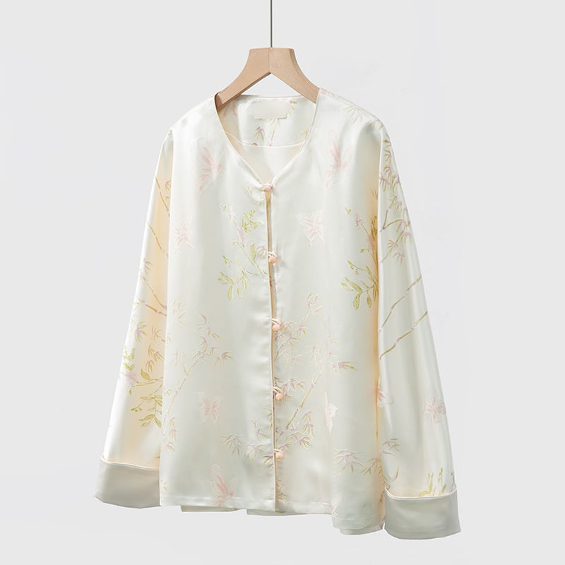 Ženski top od svile Mulberry, Jacquard, okrugli izrez, dugi rukavi, dizajn kineskog stila, proljeće 2026