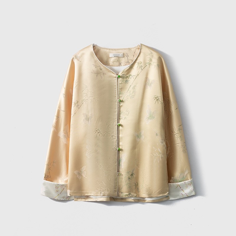 Ženski top od svile Mulberry, Jacquard, okrugli izrez, dugi rukavi, dizajn kineskog stila, proljeće 2026