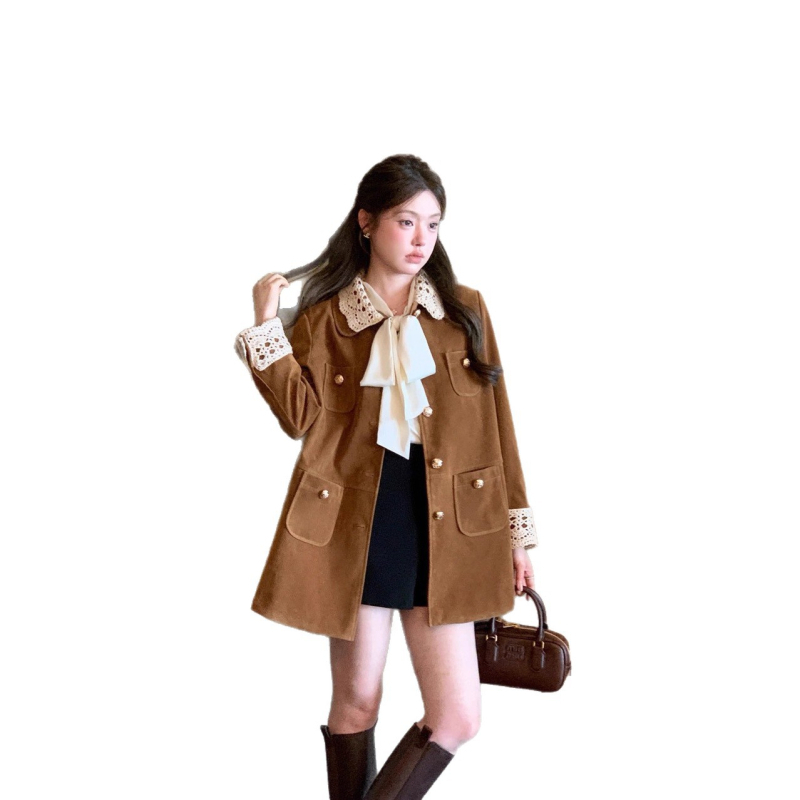 Ženska jakna od nubuka i baršuna s retro ovratnikom, srednje duljine, elegantan poslovni stil
