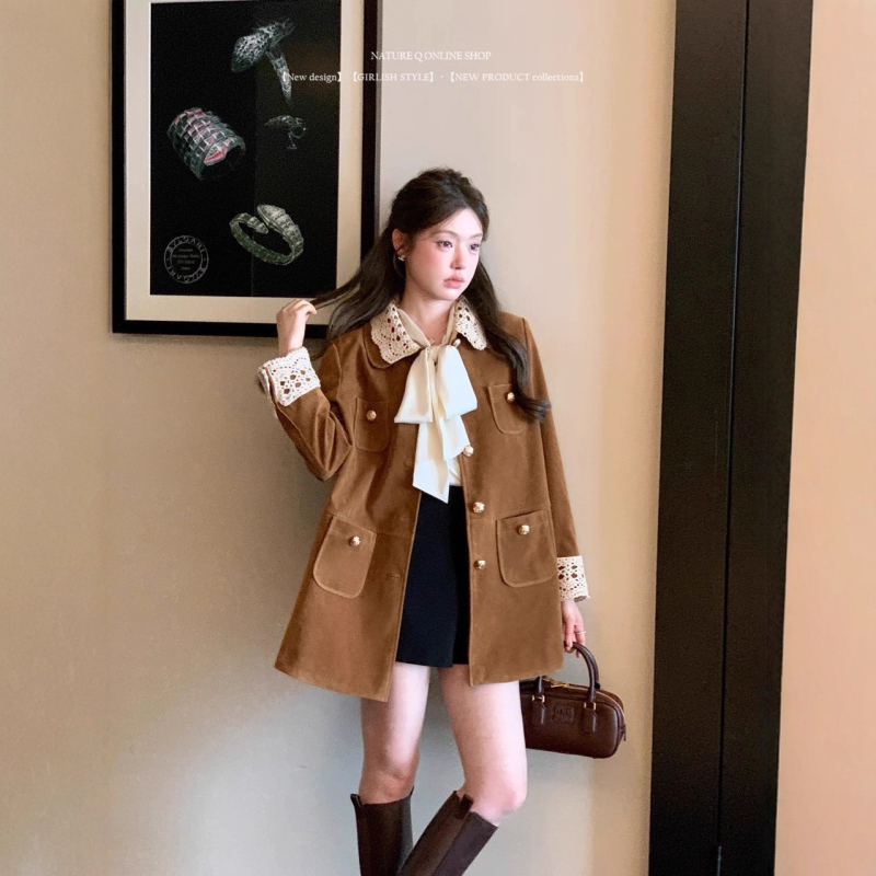 Ženska jakna od nubuka i baršuna s retro ovratnikom, srednje duljine, elegantan poslovni stil