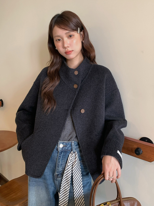 Laoqian Aesthetics Geming Retro Reverzibil gyapjú rövid kabát állkarral, női téli felső N687C