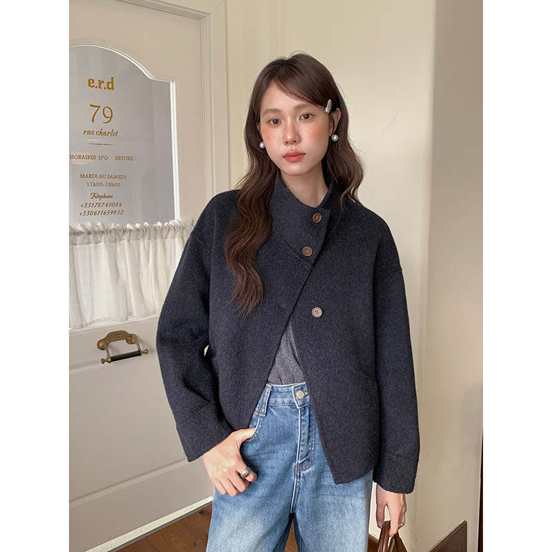 Laoqian Aesthetics Geming Retro Reverzibil gyapjú rövid kabát állkarral, női téli felső N687C